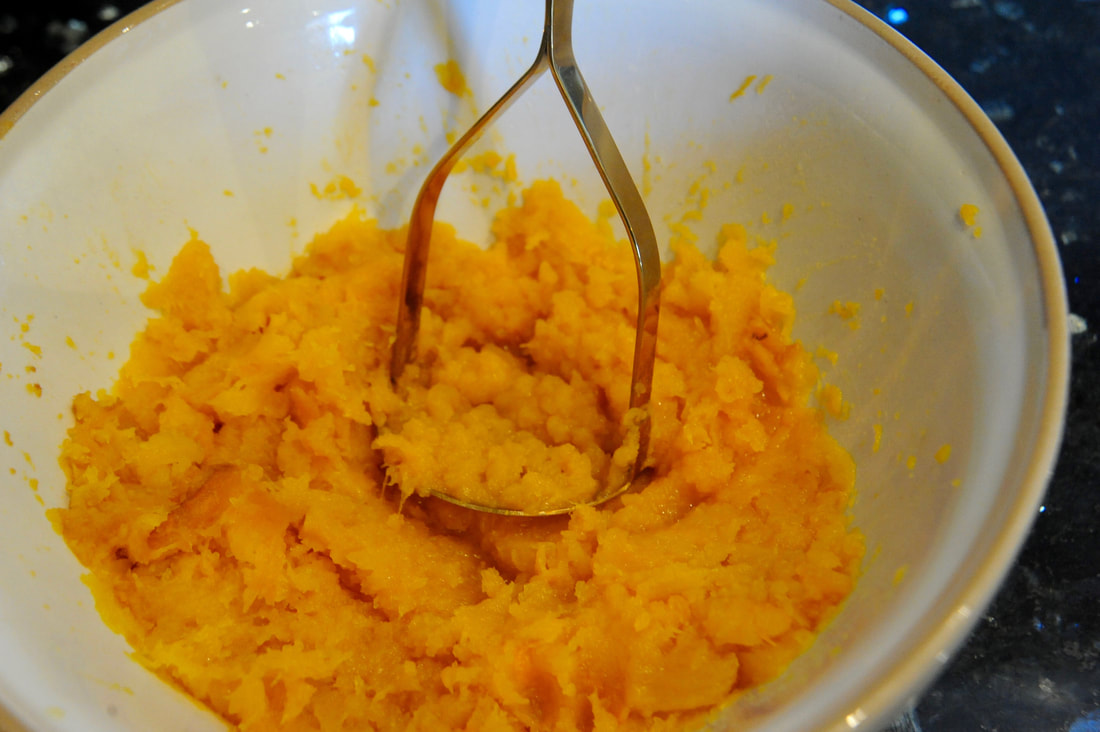 Miss Windsor: makes pumpkin puree for Fannie Farmer's Old-Fashioned American Pumpkin Pie Recipe!