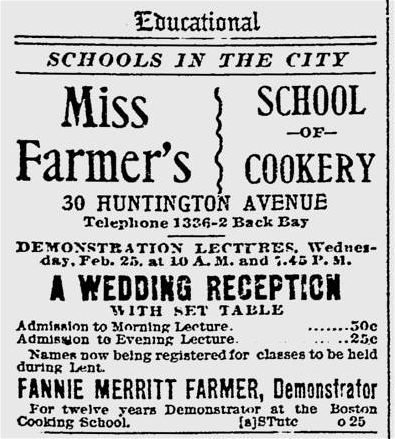 Miss Windsor: advert for Fannie Merritt Farmer's School of Cookery