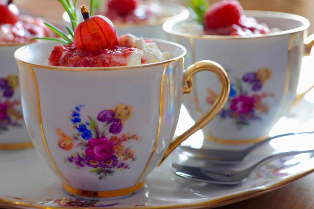 Miss Windsor's Pink & Spicy Gooseberry Raspberry Fool - served in Haas & Czjzek vintage teacups!