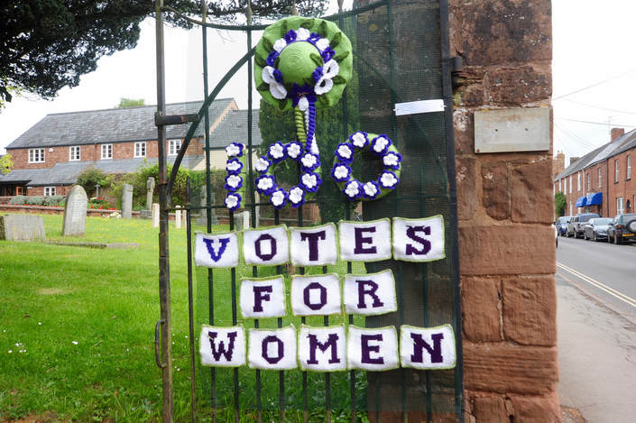 Miss Windsor's Delectables - Celebrates Somerset Day - 2018 - Bishops Lydeard, Taunton Deane. More hand knitted creations from the Yarnbomb group outside St.Mary the Virgin Church - paying homage to the Suffragettes - Votes for Women!