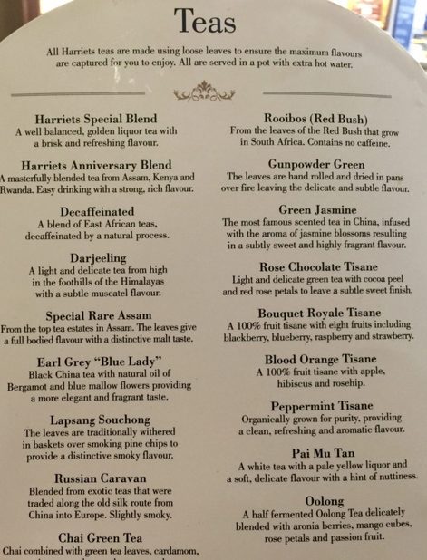 Miss Windsor's Delectables - tea menu - afternoon tea - Harriet’s Café Tearooms, Cambridge.