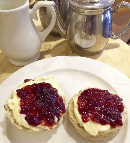Miss Windsor's Delectables - Afternoon Tea - scones with strawberry jam & Cornish clotted cream - Harriet’s Café Tearooms, Cambridge.