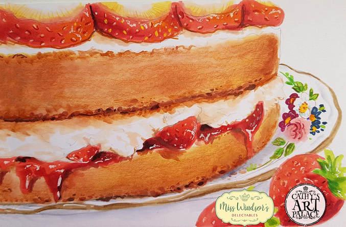 Illustration of Miss Windsor's photo by Cathy's Art Palace: Fannie Merritt Farmer's GENUINE Sponge Cake - Strawberries & Cream! 