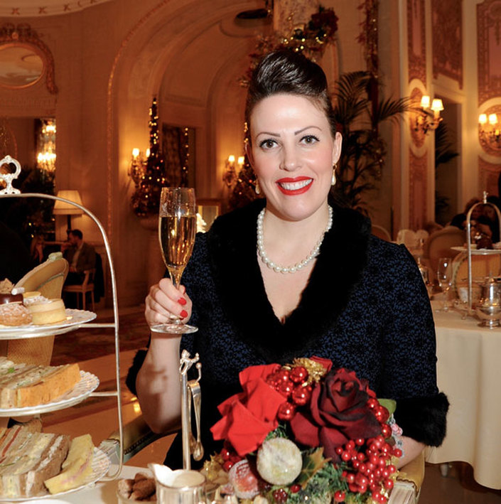 Miss Windsor's Delectables - Christmas Afternoon Tea at The Ritz, London. Heritage Silverware, England! Vintage dress by Collectif.