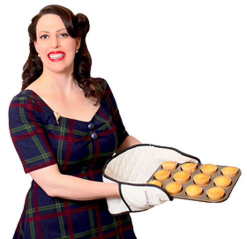 Miss Windsor's Delectables - Baking muffins. Vintage dress by Collectif - London. 