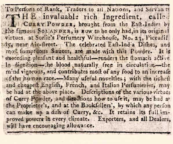 Miss Windsor's Delectables - One of the earliest adverts, from the 1780’s for the commercial sale of ‘curry powder’ in London.