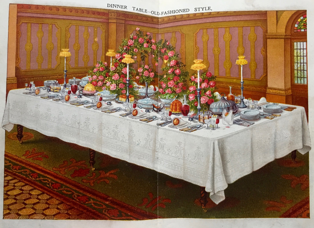 Miss Windsor's Delectables - Lithographic Art Illustration - Dinner Table Old Fashioned Style - 1906 edition of Mrs Beeton's Book of Household Management 
