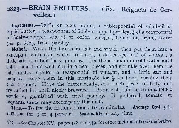 Miss Windsor's Delectables - Brain Fritters recipe -1906 edition of Mrs Beeton's Book of Household Management 