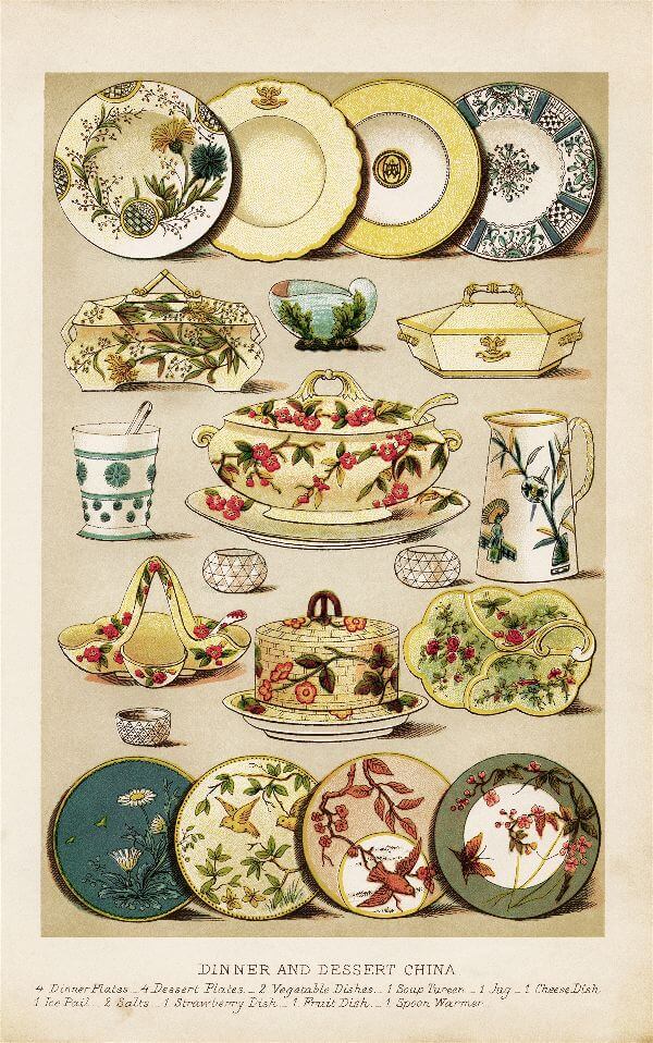 Miss Windsor's Delectables -Lithographic art illustration - Dinner & Dessert China – 1861 – Beeton’s Book of Household Management. 