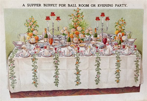 Miss Windsor's Delectables - Lithographic art illustration of A Supper Buffet For Ball Room Or Evening Party - 1906 edition of Mrs Beeton's Book of Household Management 