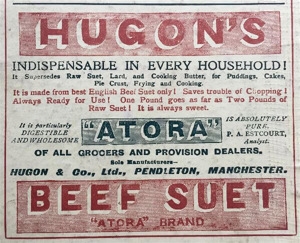 Miss Windsor's Delectables - Advert for Hugon's / Atora Beef Suet -1906 edition of Mrs Beeton's Book of Household Management 
