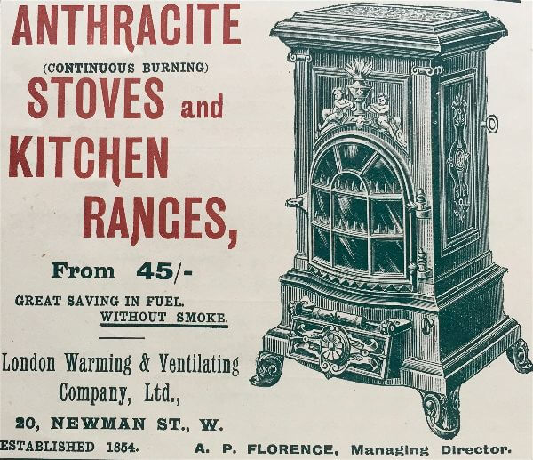 Miss Windsor's Delectables - Advert for Victorian stove - London Warming & Ventilating Company Ltd, London - 1906 edition of Mrs Beeton's Book of Household Management 