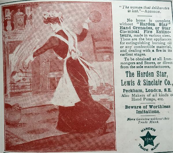 Miss Windsor's Delectables - Advert for The Harden Star Hand Grenade - Lewis & Sinclair Co. - Peckham, London -1906 edition of Mrs Beeton's Book of Household Management 